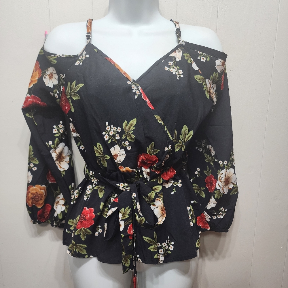 Emery Rose Blouse Small Cold Shoulder Floral Black Tie Waist Lightweight B600